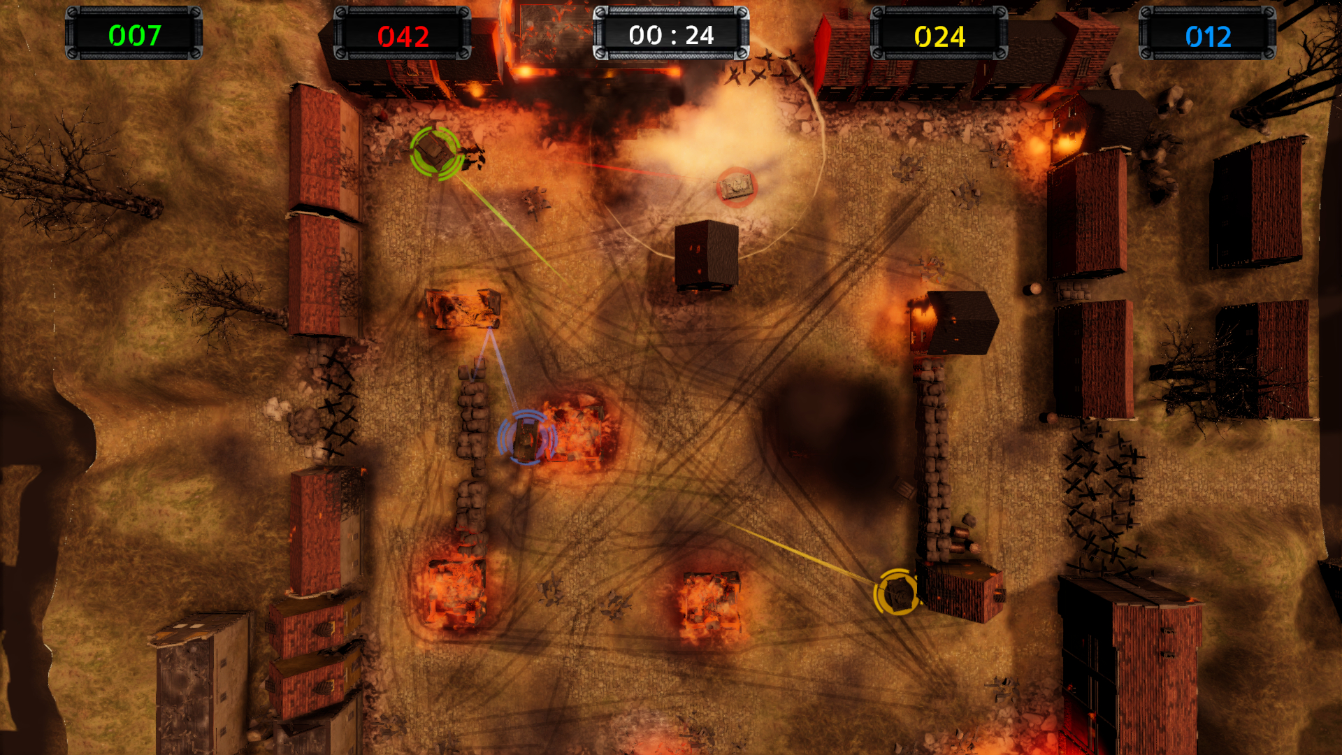 Screenshot of an Armor of Heroes match, in which four tanks are seen colliding with each other