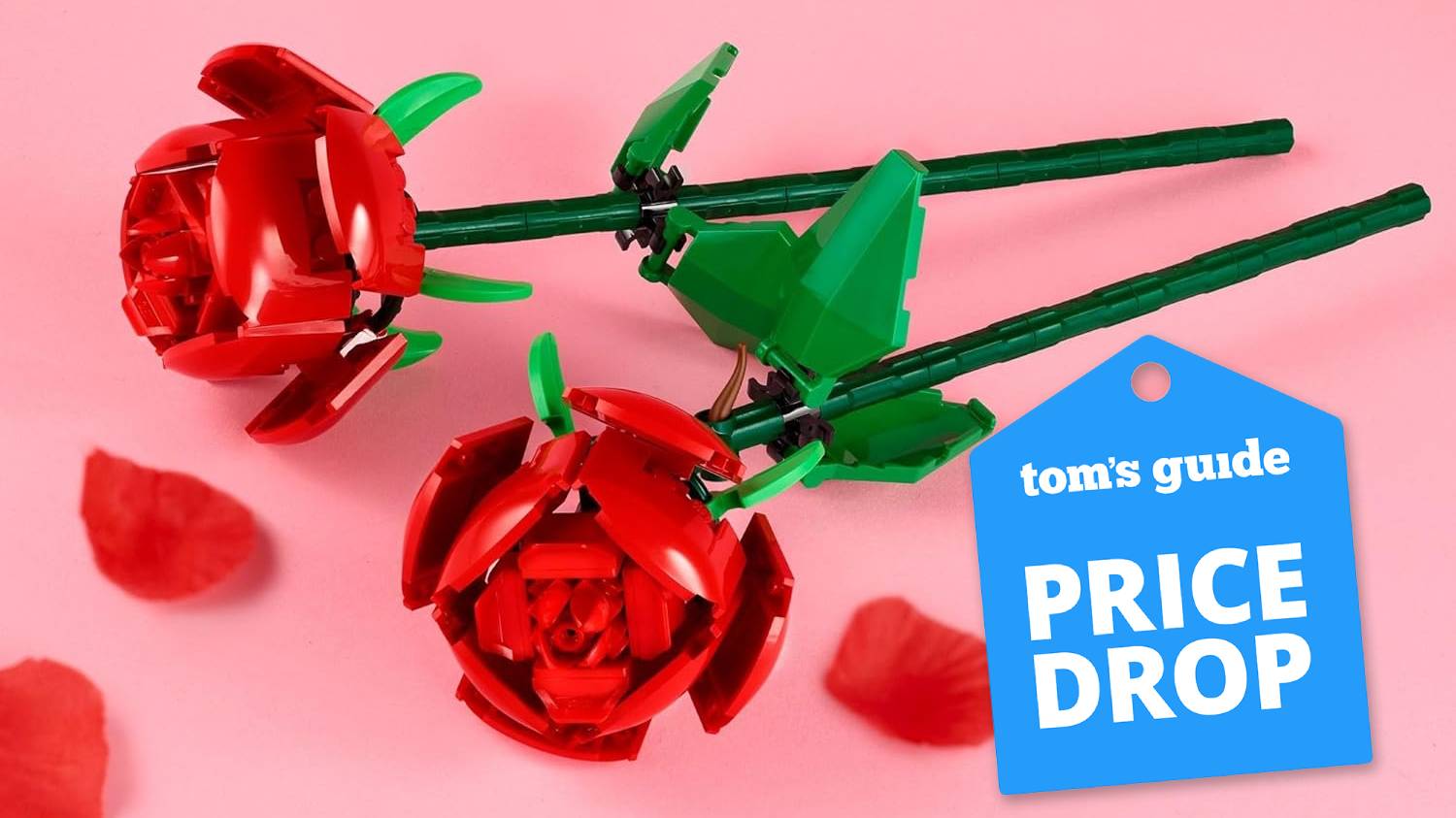 Lego Roses displayed with petals on a pink background