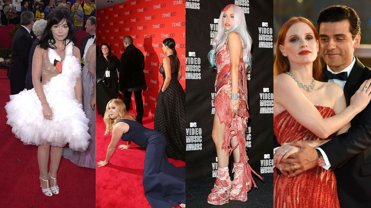 4 pictures of red carpet moments seen as being controversial. L-R: Bjork&#039;s swan dress at the Oscars, Amy Schumer falling over infront of Kim Kardashian and Kanye West, Lady Gaga&#039;s meat dress at the VMAs and Jessica Chastain and Oscar Issac on the red carpet at the Venice Film Festival