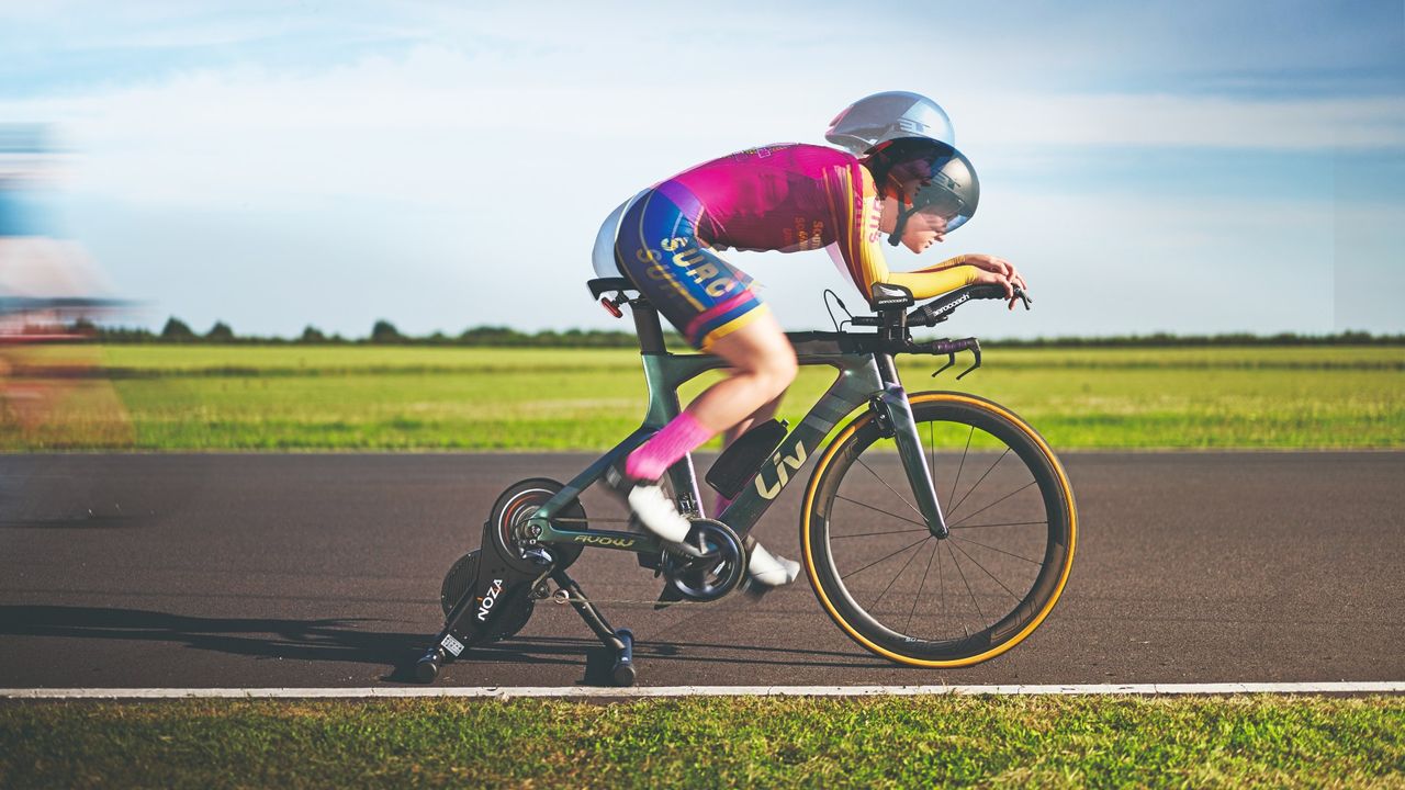 Rider on a turbo trainer on a race track