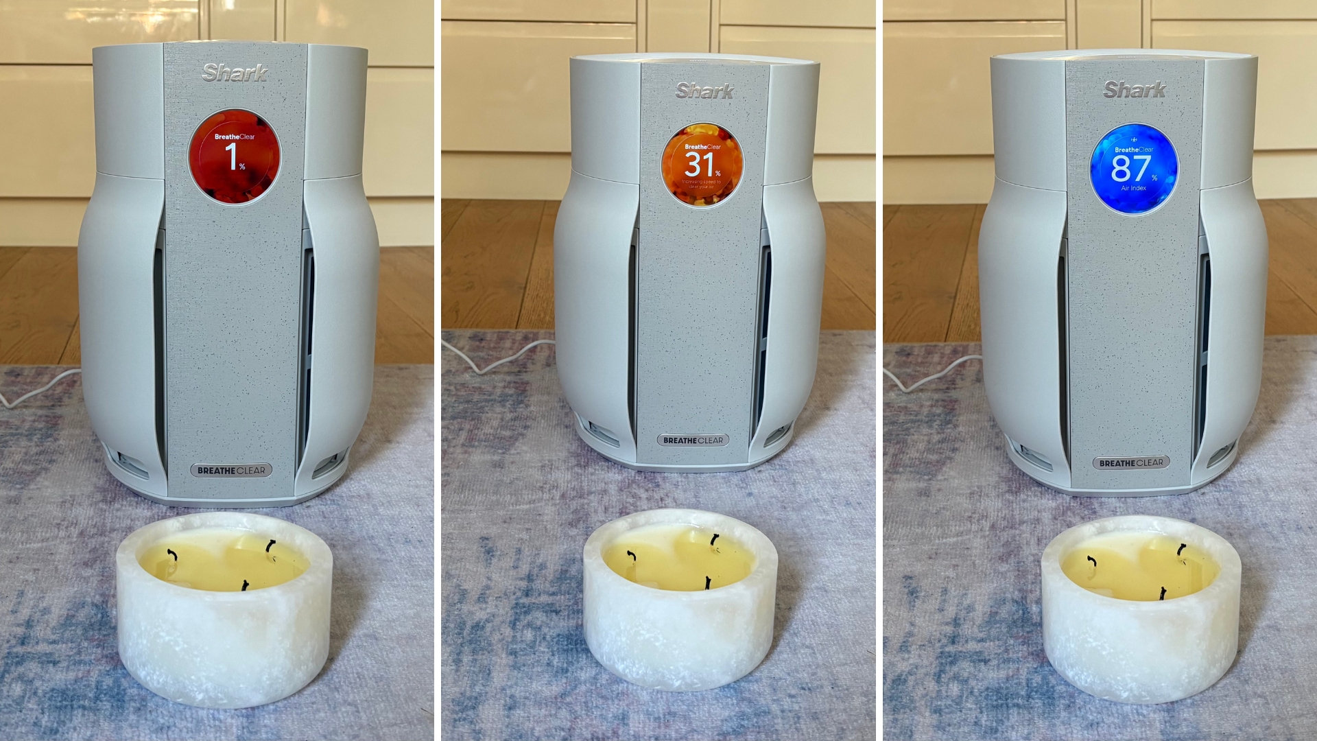 Testing the Shark BreatheClear with NeverChange6 Air Purifier by showing three stages of air quality changed when a candle has been burnt
