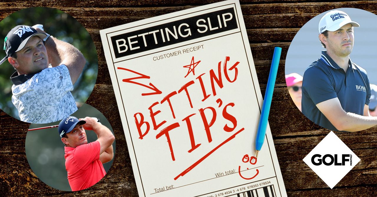 Betting slip graphic and three golfers