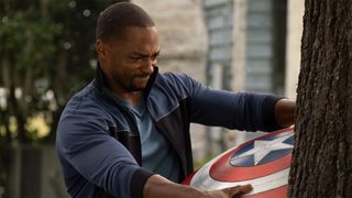 Sam Wilson removes Captain America's shield from a tree in The Falcon and the Winter Soldier episode 5.