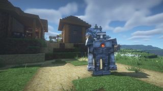 Minecraft texture packs - An iron golem looks on in a village using Misa's Realistic pack