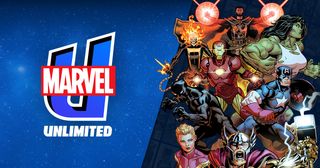 She-Hulk, Thor, Captain Marvel, Black Panther, and Ghost Rider pose next to a Marvel Unlimited logo