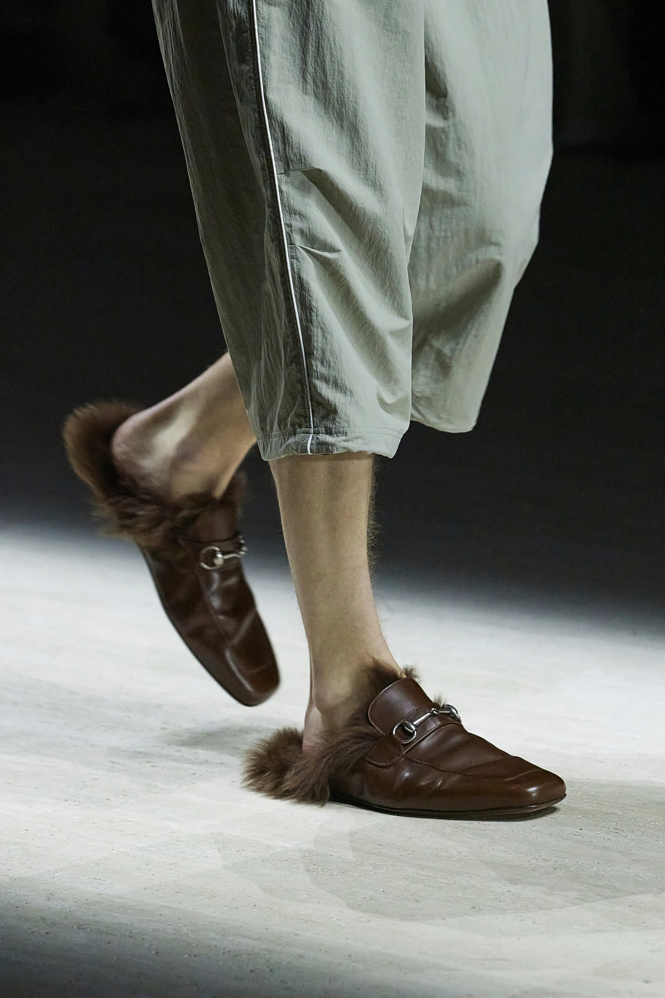 Gucci furry backless Princetown loafers on the Fall 2026 runway
