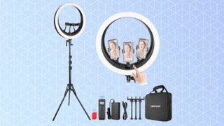 An image of the Neewer RP19H Triple Smartphone ring light kit against a blue background