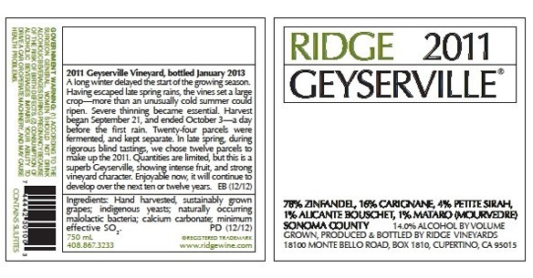 Ridge 2011 Geyserville wine ingredients label