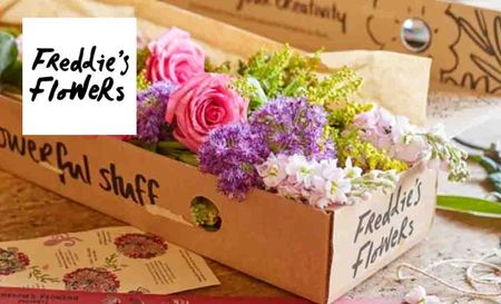 Freddies Flowers Logo Placed over an image of flowers in a small rectangle flower bed box