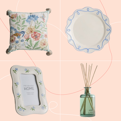 Primark cushion, plate, photo frame and diffuser on a pink background.