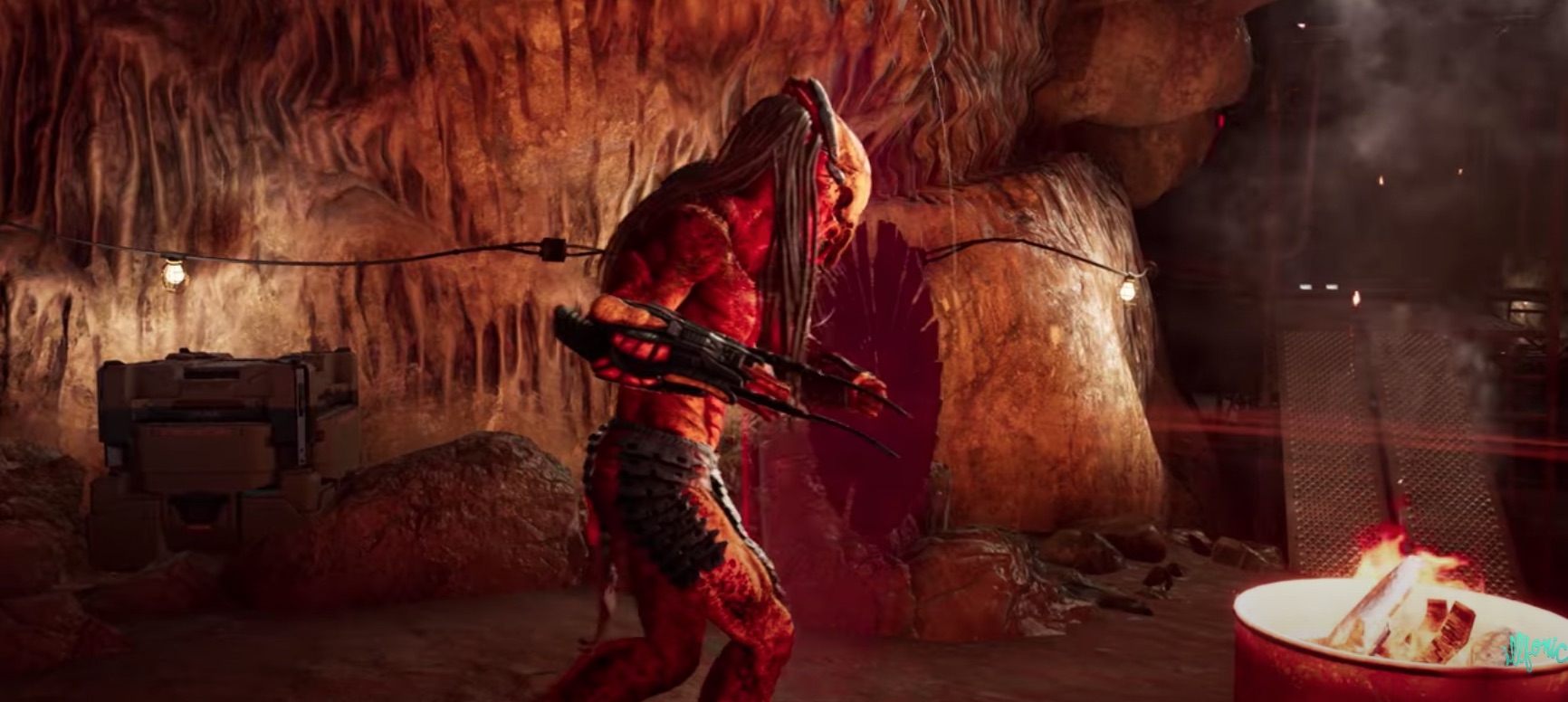 An alien warrior in a cave wields a wicked weapon