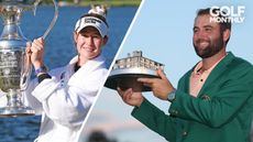 Nelly Korda holds the Chevron Championship trophy, Scottie Schffler holds the Masters trophy