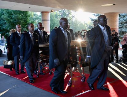 The casket of Aretha Franklin arrives at the Greater Grace Temple in advance of her funeral. 