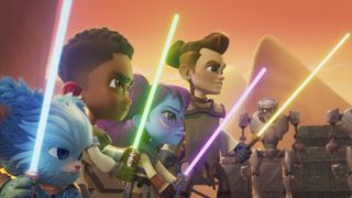 A group of young cartoon kids wielding lightsabers