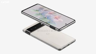 Renders of the back and front of the Google Pixel 7 in a white colorway.