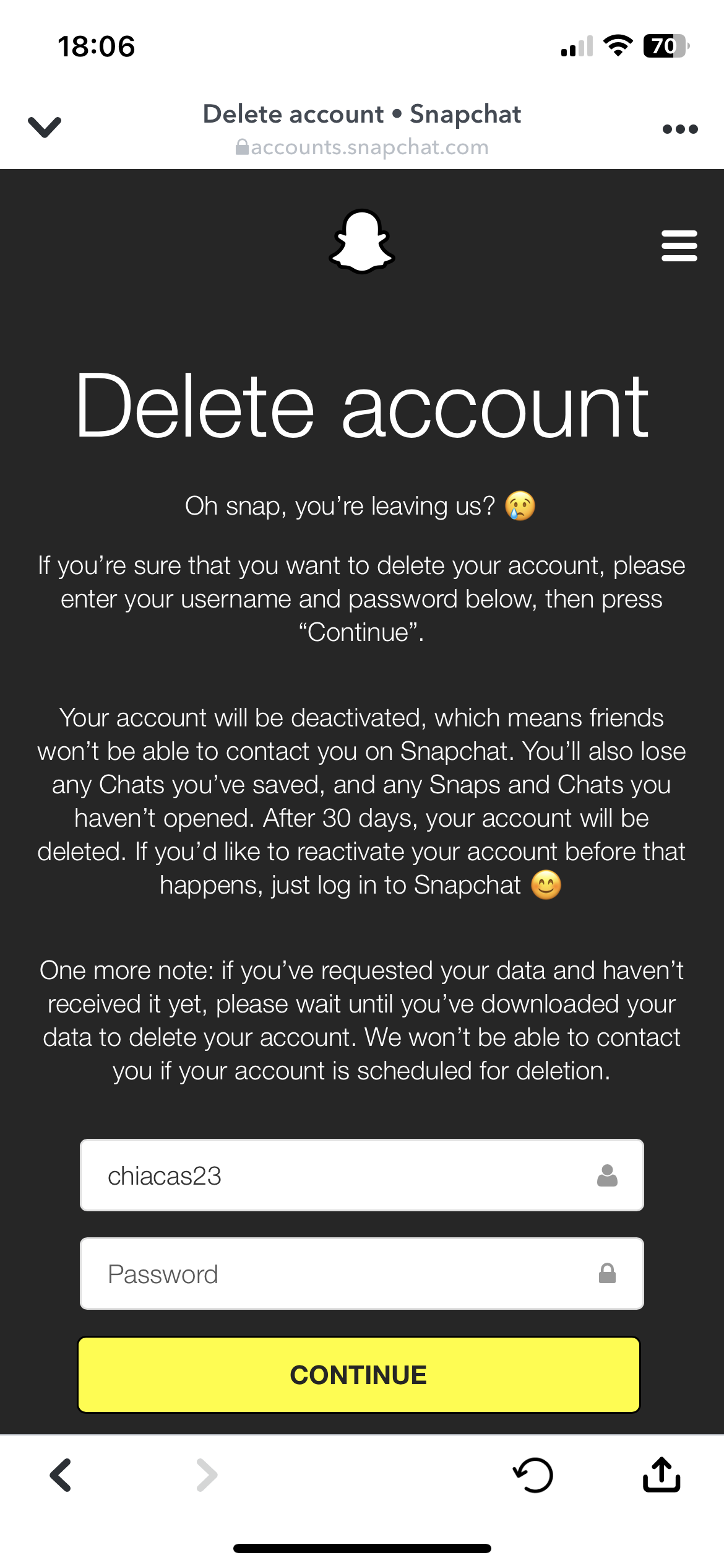 Snapchat's Delete My Account page