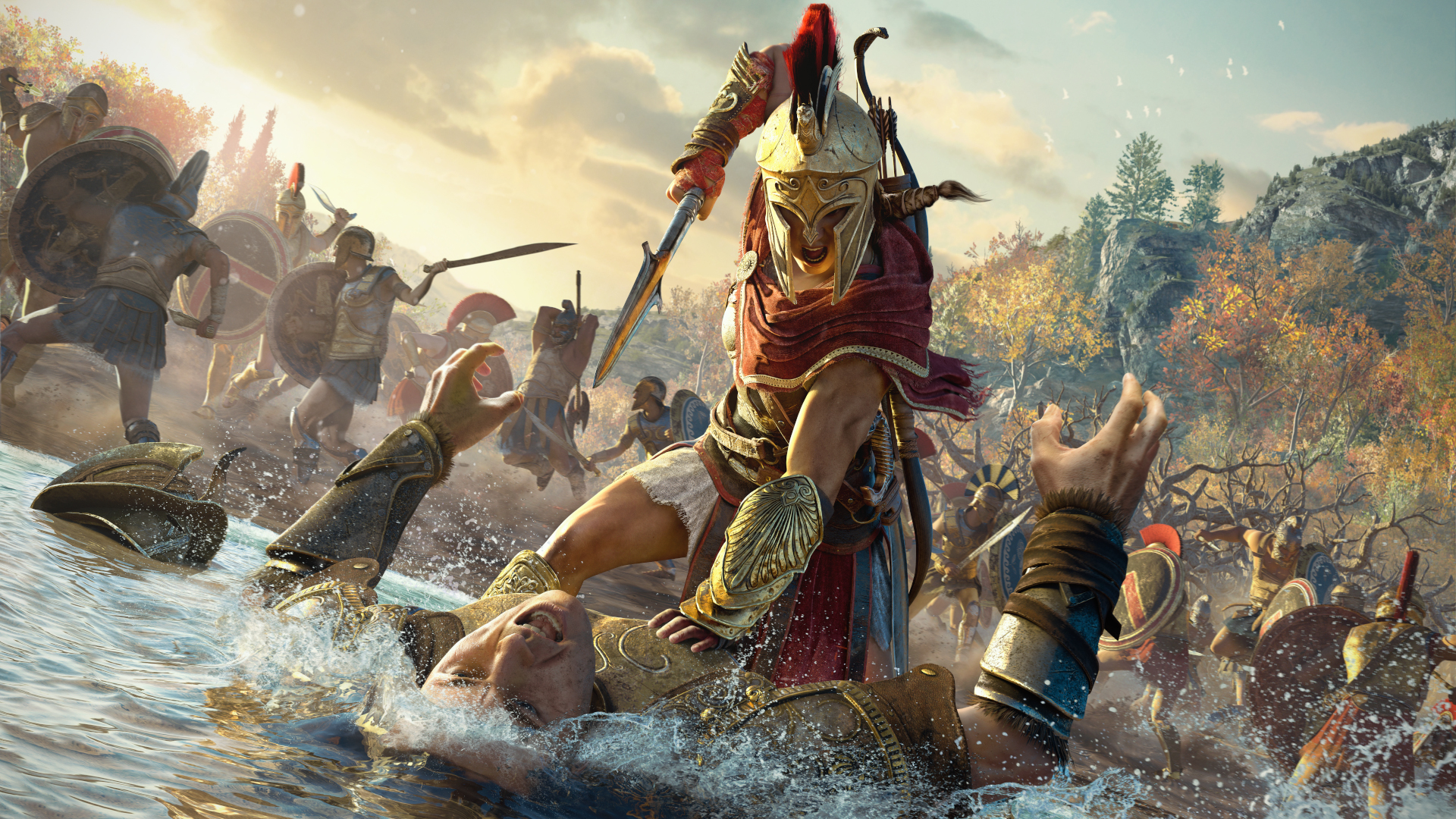 Kassandra fighting a Spartan in Assassin's Creed Odyssey