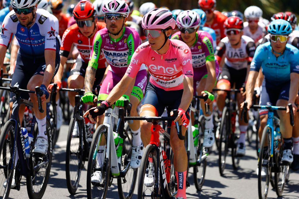 Overall leader Team Treks Spanish rider Juan Pedro Lopez C rides during the 4th stage of the Giro dItalia 2022 cycling race 174 kilometers between Catania and Messina Sicily on May 11 2022 Photo by Luca Bettini AFP Photo by LUCA BETTINIAFP via Getty Images