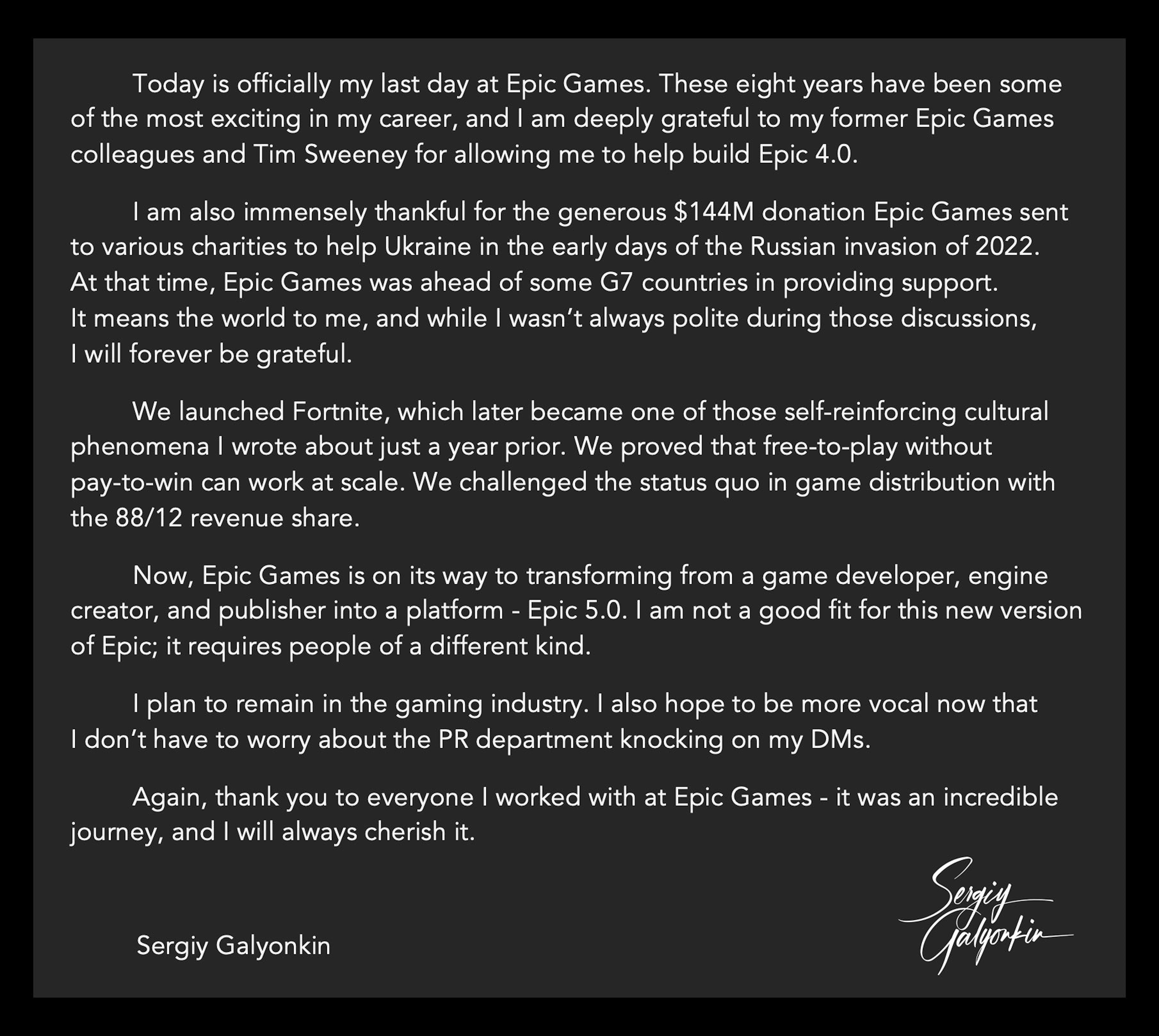 Sergiy Galyonkin's message announcing his depature from Epic Games