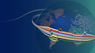 An illustration of the globe ribbons of bright color wrapped around it, representing the newly drafted human pangenome