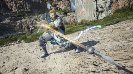 Cid wears white armor and charge a spear attack in Final Fantasy 7 Revelation