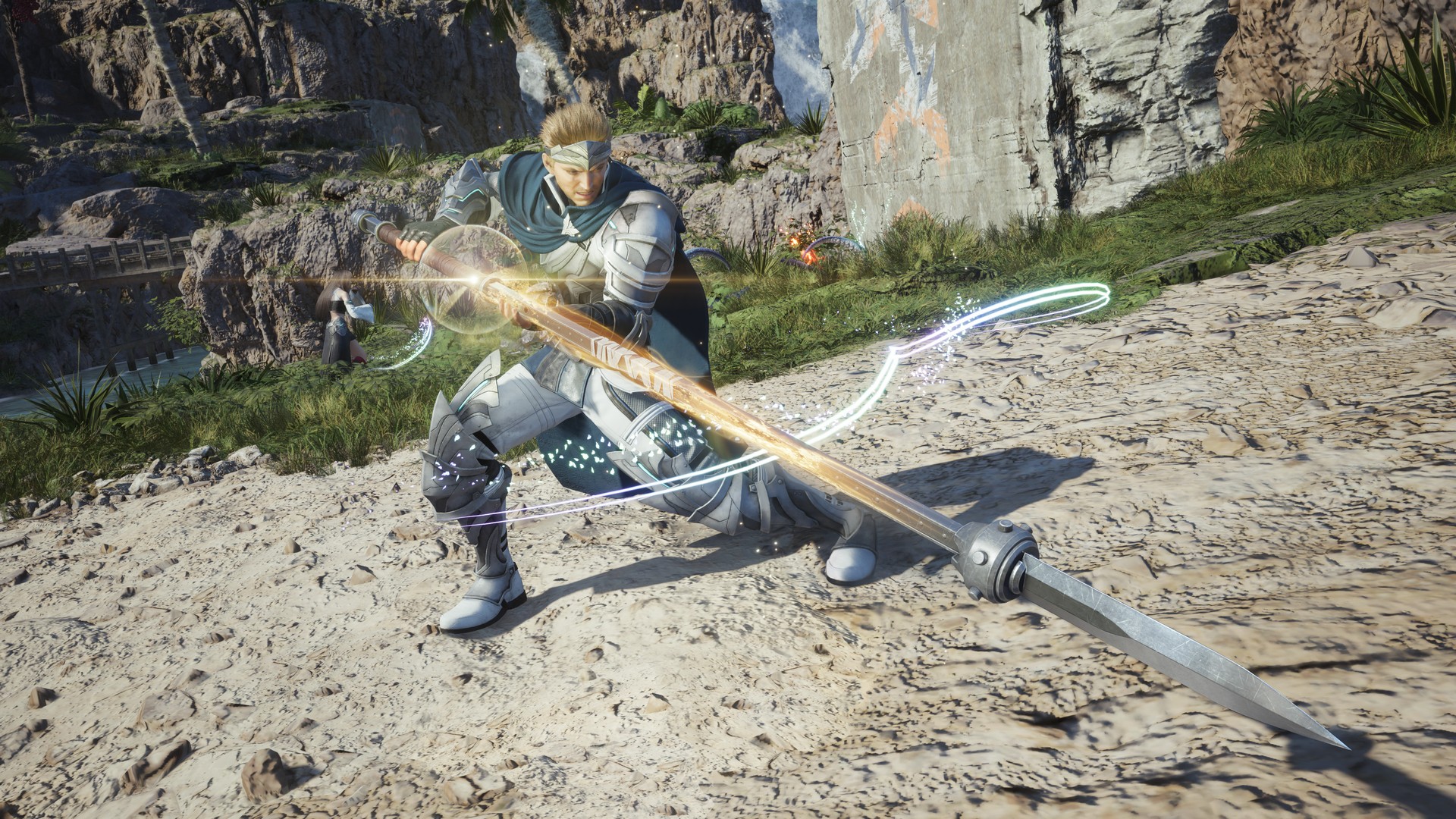 Cid wears white armor and charge a spear attack in Final Fantasy 7 Revelation