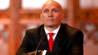 Oleksandr Usyk looks on during the Usyk v Fury 2 Press Conference ahead of the IBO, WBC and WBO World Heavyweight titles' fight between Oleksandr Usyk and Tyson Fury at Guildhall on October 23, 2024 in London, England.