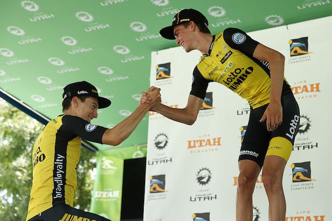 LottoNL-Jumbo's Sepp Kuss and Neilson Powless on the podium after stage 2 of the 2018 Tour of Utah