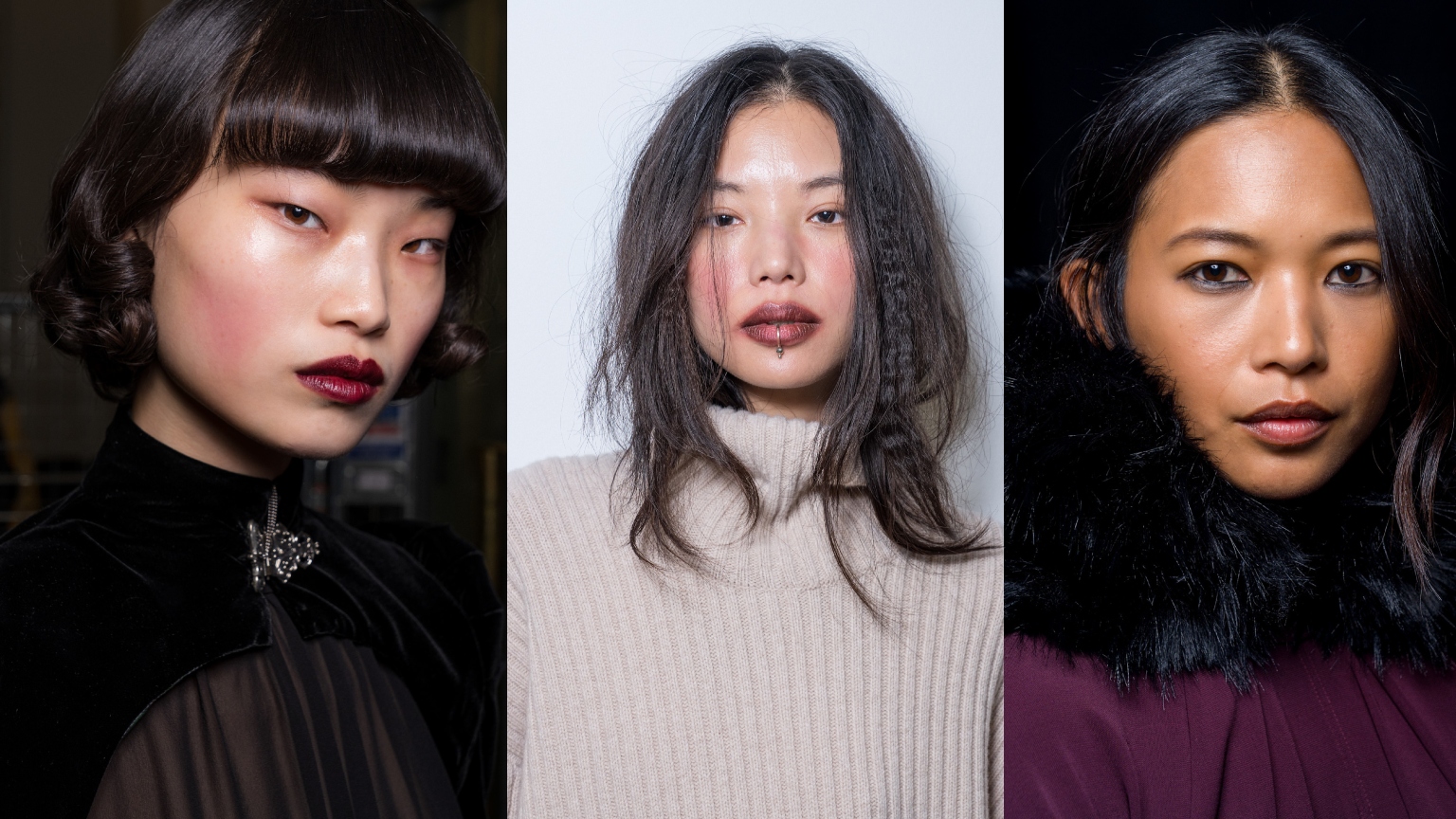 three women with mauve lipstick at paris fashion week