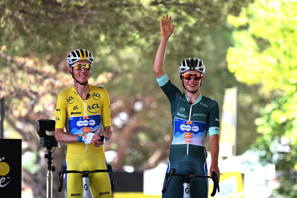 CESENATICO ITALY JUNE 30 Romain Bardet of France Yellow Leader Jersey and Frank van den Broek of Netherlands and Team dsmfirmenich PostNL Green Sprint Jersey prior to the 111th Tour de France 2024 Stage 2 a 1992km stage from Cesenatico to Bologna UCIWT on June 30 2024 in Cesenatico Italy Photo by Tim de WaeleGetty Images