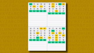 Quordle daily sequence answers for game 857 on a yellow background