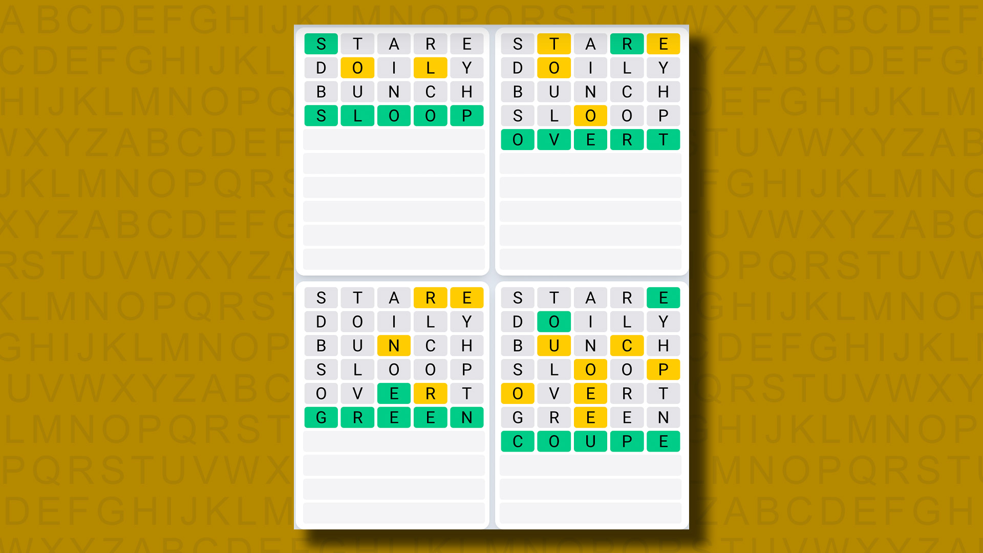 Quordle daily sequence answers for game 857 on a yellow background