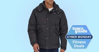 Patagonia Downdrift jacket in black and Cyber Monday deal badge bottom right