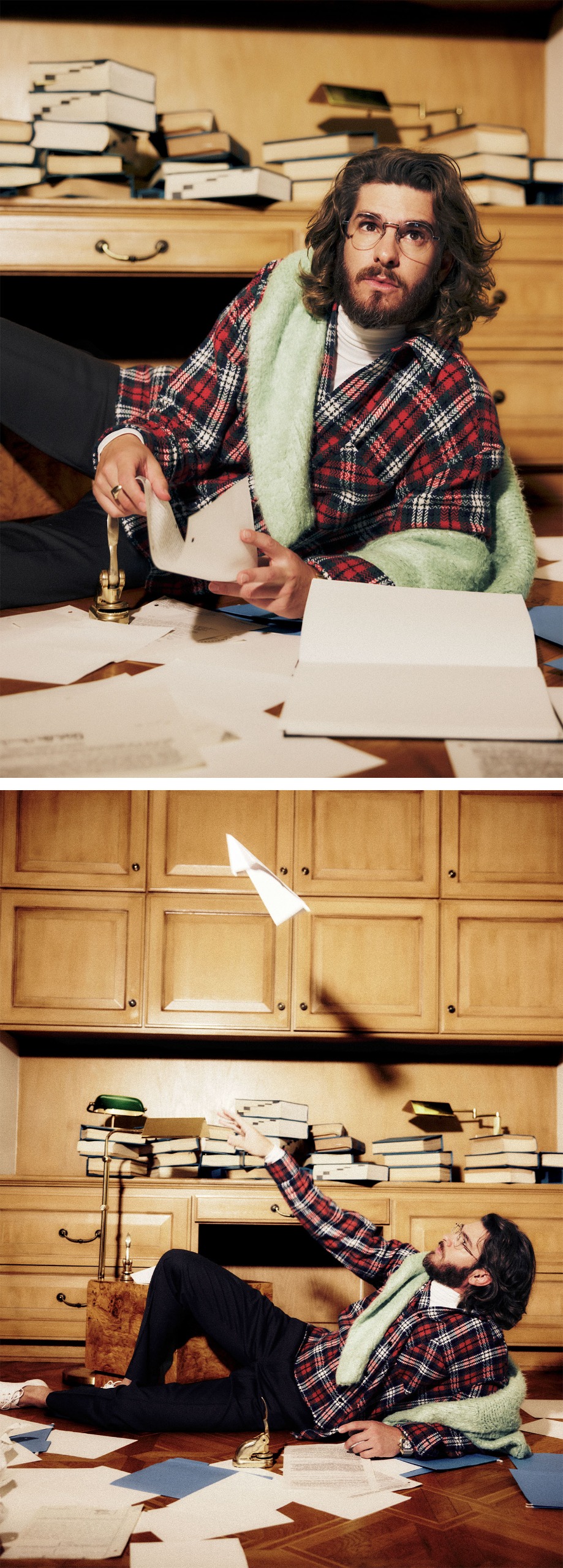 Andrew Garfield for Who What Wear's September cover wearing a plaid button-down with a green sweater over his shoulders, and black pants.