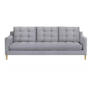 John Lewis & Partners high-backed Draper sofa with grey upholstery and wooden legs