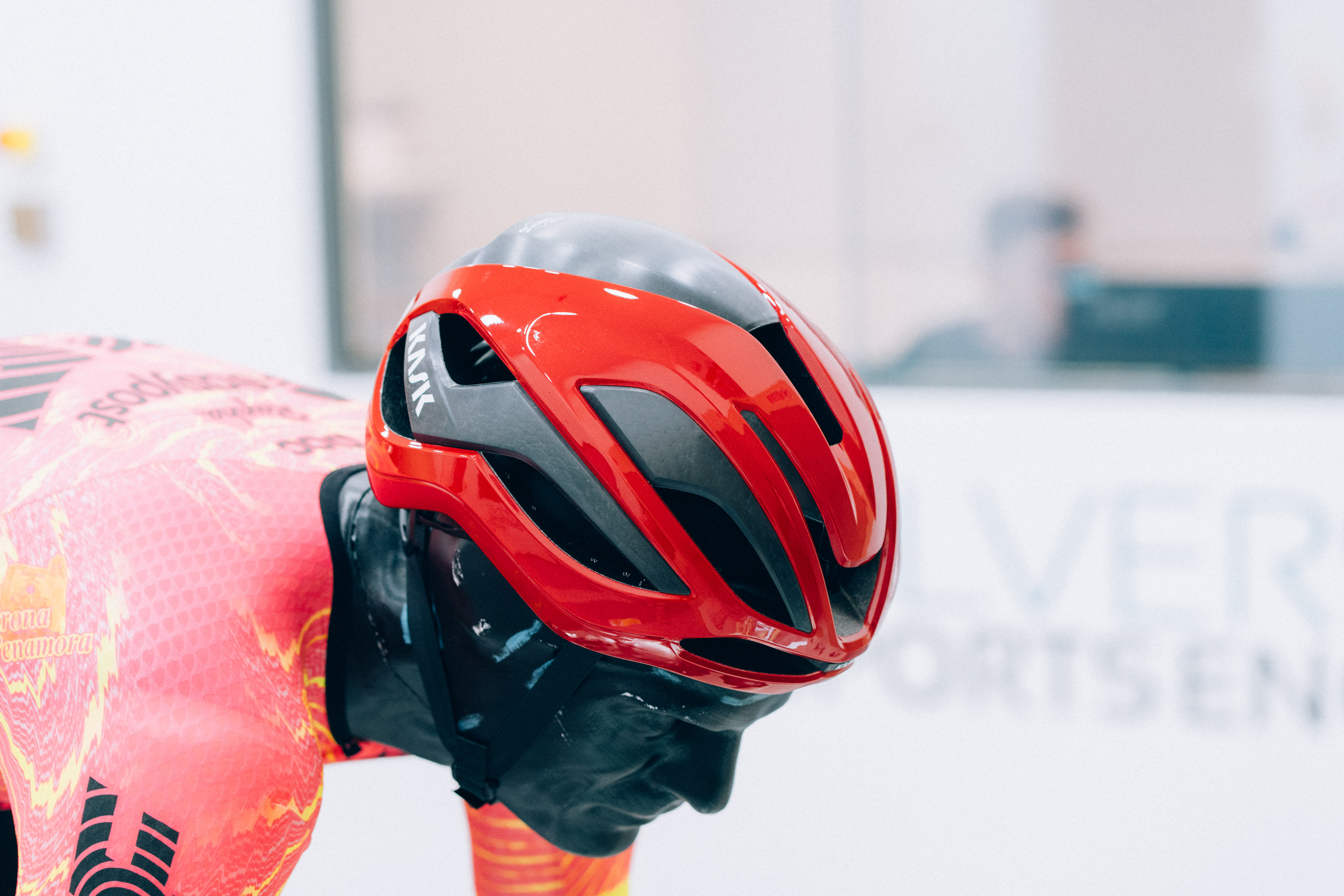 A close up of helmets being tested in the wind tunnel