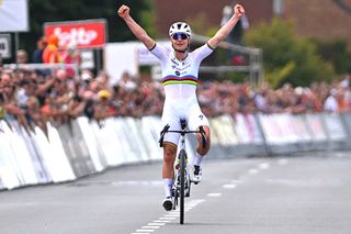 ZOTTEGEM BELGIUM JUNE 23 Lotte Kopecky of Belgium and Team SD WorxProtime celebrates at finish line as race winner during the 105th National Championships Belgium 2024 Womens Road Race a 123km one day race from Sint Lievens Houtem to Zottegem on June 23 2024 in Zottegem Belgium Photo by Luc ClaessenGetty Images