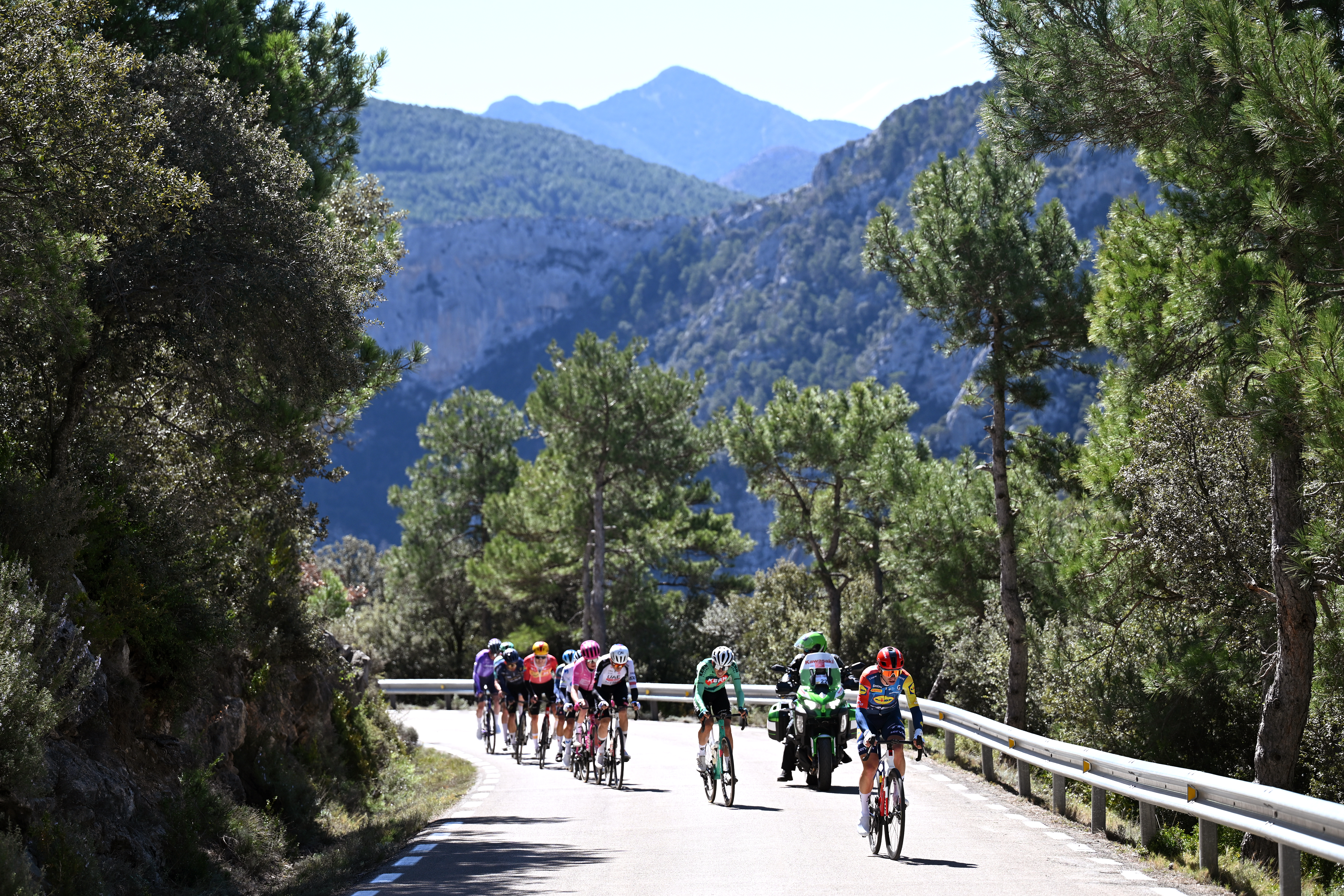 LA MOLINA, SPAIN - MARCH 27: A general view of Felix Engelhardt of Germany and Team Jayco AlUla, David Gonzalez of Spain and Team Pinarello Q36.5 Pro Cycling, Tobias Svarre of Denmark and Team Uno-X Mobility, Michael Leonard of Canada and Team EF Education - EasyPost, Adria Pericas of Spain and UAE Team Emirates - XRG, Diego Uriarte of Spain and Team Equipo Kern Pharma and Giulio Ciccone of Italy and Team Lidl - Trek compete in the breakaway during the 105th Volta a Catalunya 2026, Stage 5 a 155.3km stage from La Seu d&amp;amp;apos;Urgell to La Molina/Coll de Pal 2109m / #UCIWT / on March 27, 2026 in La Molina, Spain. (Photo by Szymon Gruchalski/Getty Images)