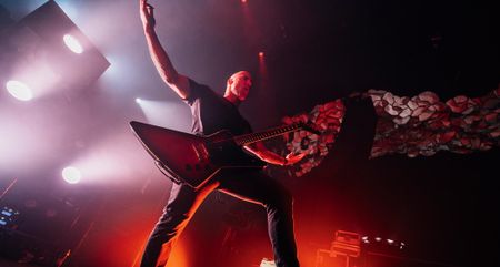 Greg Kubacki of Car Bomb plays a Gibson Explorer onstage.