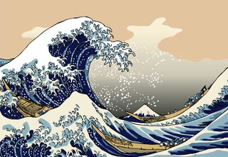 Tsunami from Japanese earthquake shown in old picture from Katsushika Hokusai. As in the past more and more people get recovered dead from the sea. April 15, 2011 in Tokyo, Japan