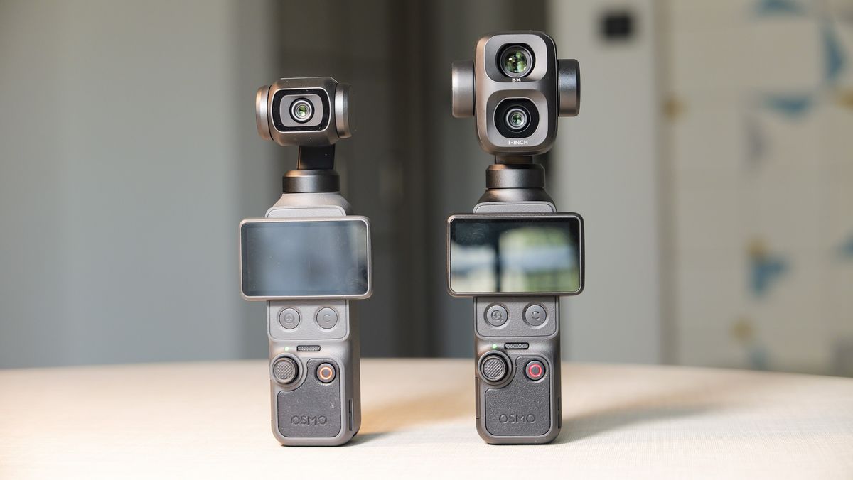 DJI Osmo Pocket 4P vlogging camera on a white desk in modern room, alongside the DJI Osmo Pocket 4
