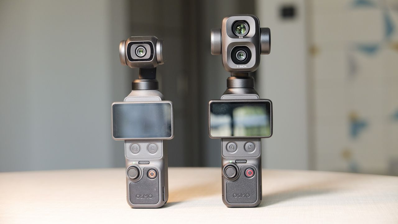 DJI Osmo Pocket 4P vlogging camera on a white desk in modern room, alongside the DJI Osmo Pocket 4