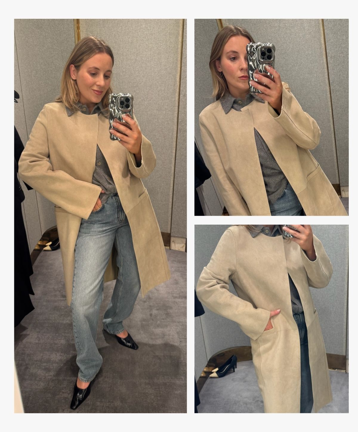 Who What Wear'dan Rebecca Rhys-Evans, Toteme'nin süet ceketini Toteme kot pantolonuyla kombinledi