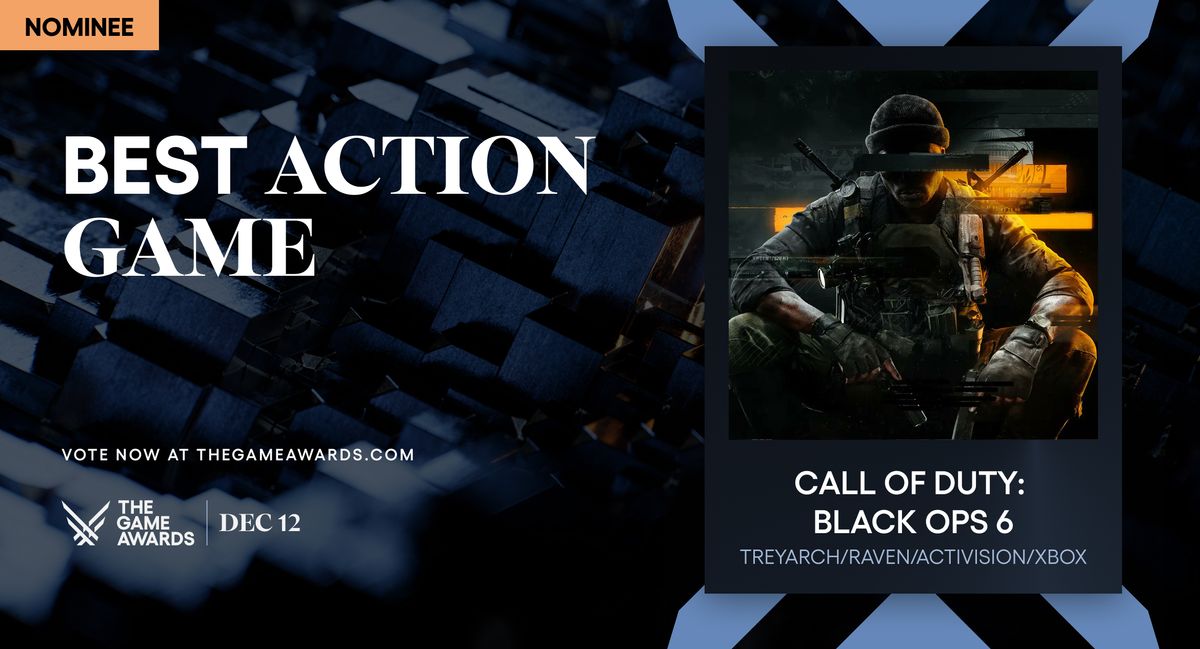 A blue tinted splash screen features a square to the right that includes the Black Ops 6 key art, with text to the left that notes the game is nominated for Best Action Game at The Game Awards 2024.