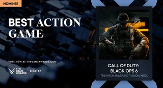 A blue tinted splash screen features a square to the right that includes the Black Ops 6 key art, with text to the left that notes the game is nominated for Best Action Game at The Game Awards 2024.