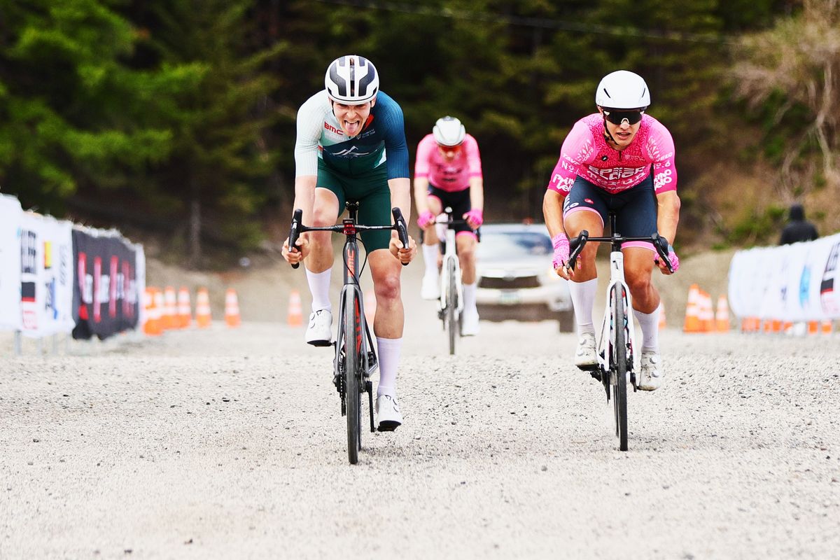Kent Ross (Cascadia/Expeditors) wins stage 6 at Tour de Bloom, just ahead of SpeedBlock p/b Terun duo Nathan Martin, in the race leader's pink jersey, and Logan Unger