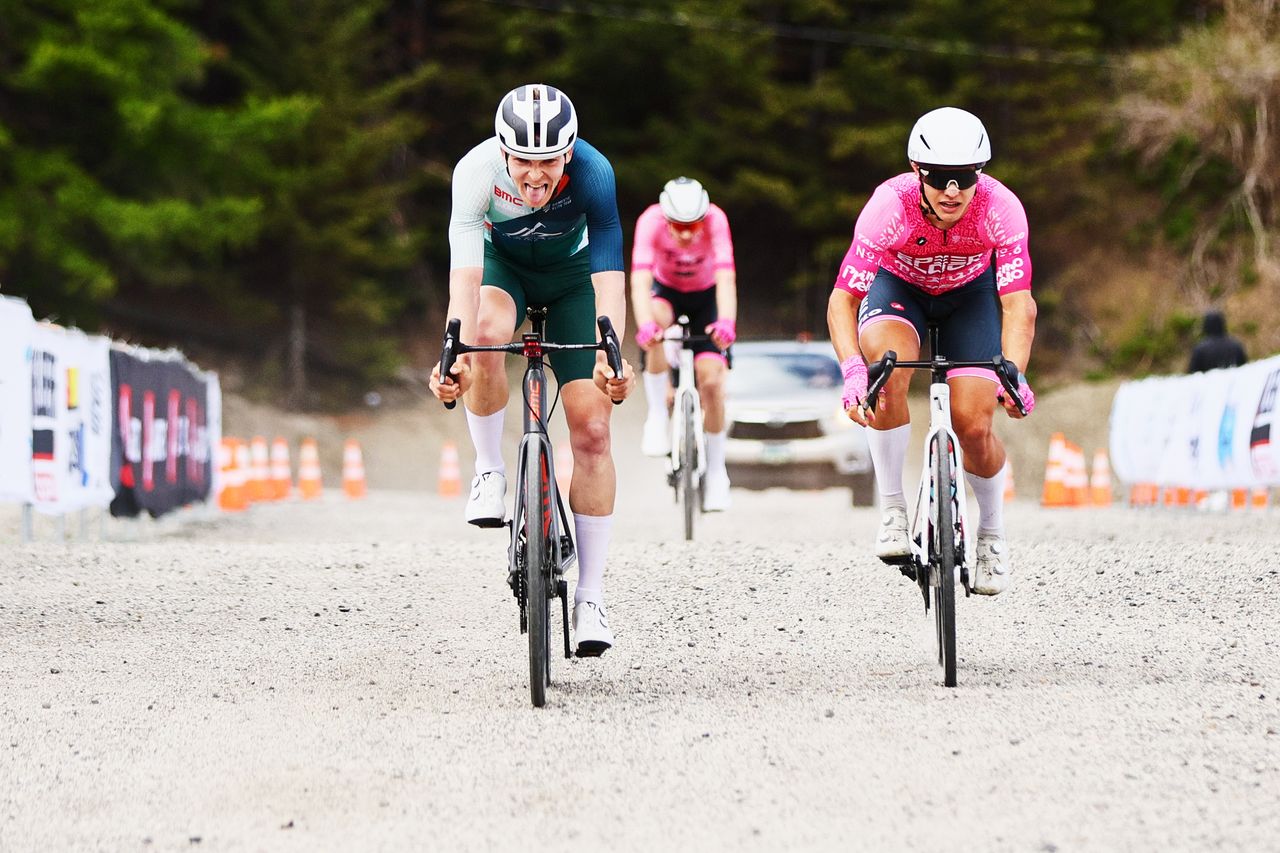 Kent Ross (Cascadia/Expeditors) wins stage 6 at Tour de Bloom, just ahead of SpeedBlock p/b Terun duo Nathan Martin, in the race leader's pink jersey, and Logan Unger