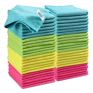 Two colorful folded stacks of pink yellow green and blue microfiber cloths