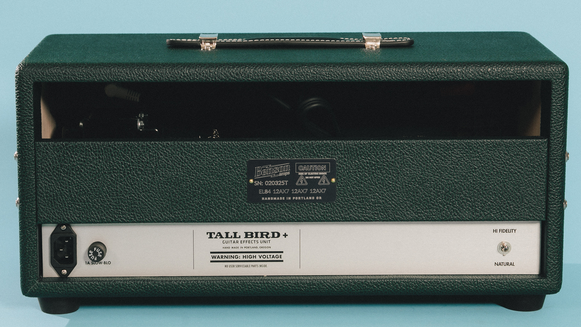 A photo showing the back of a Benson Tall Bird Plus reverb-tremolo unit