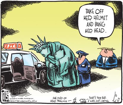 Political cartoon U.S. Trump Lady Liberty arrest police brutality